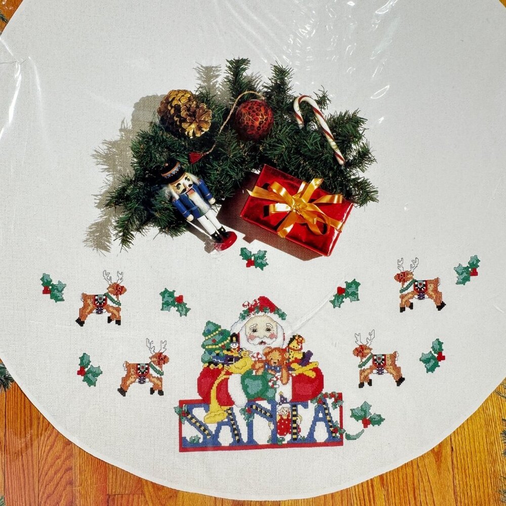 Bucilla Christmas Tree Skirt Kit 42" Cross Stitch Santa Claus Reindeer Toys